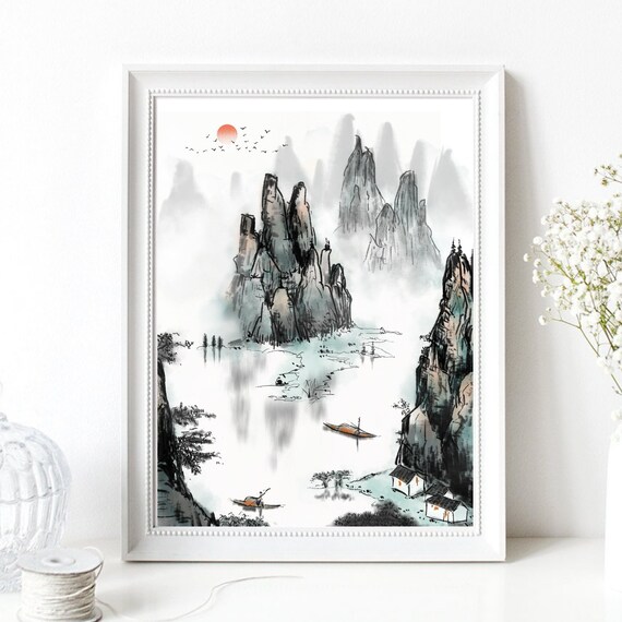 Asian Ink Landscape Red Sun Misty Karst Peaks Boat Watercolor Print Poster