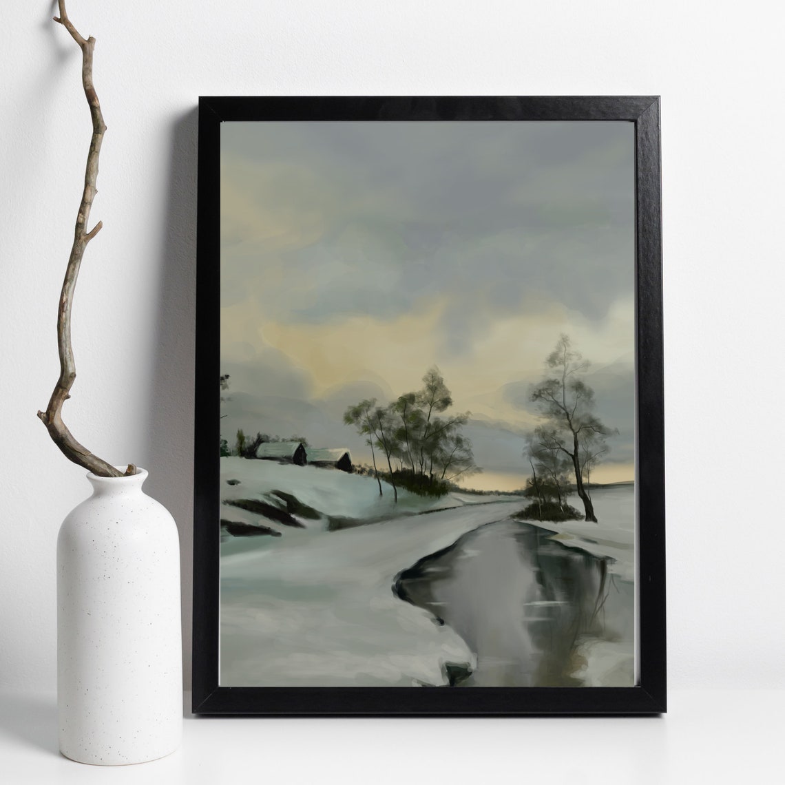 Winter Landscape Snowy River Cabin Snowy Trees Muted Calm Art Print - Image 2