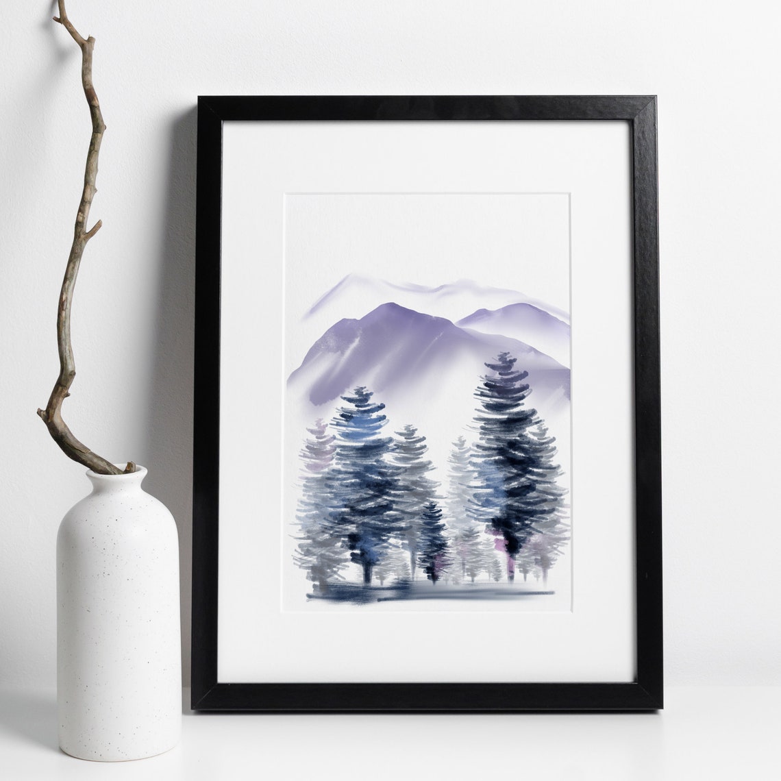 Misty Purple Mountain Landscape Pine Forest Watercolor Wall Art - Image 2