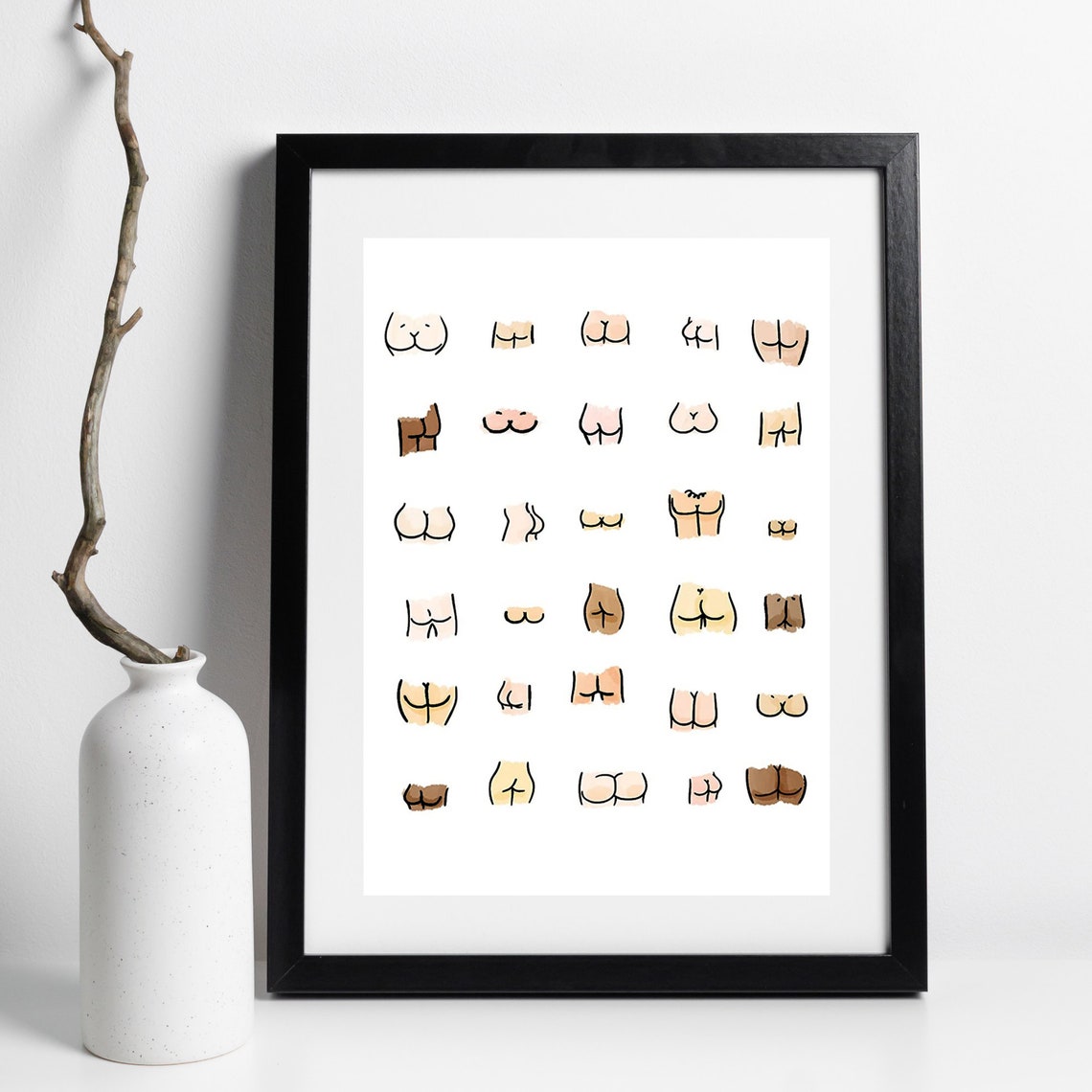 Funny Butt Sketches Diverse Skin Tones Humor Bathroom Wall Poster