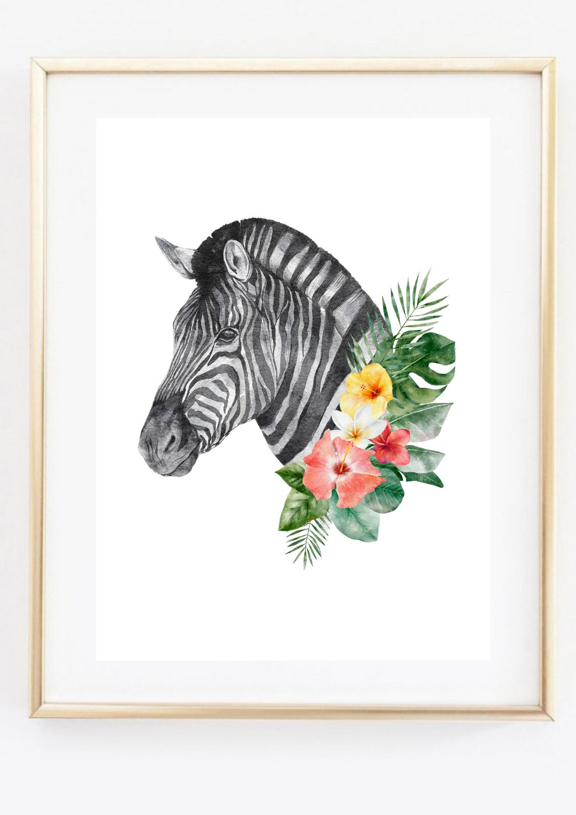 Zebra With Tropical Flowers Watercolor Wildlife Safari Animal Art Poster - Image 3