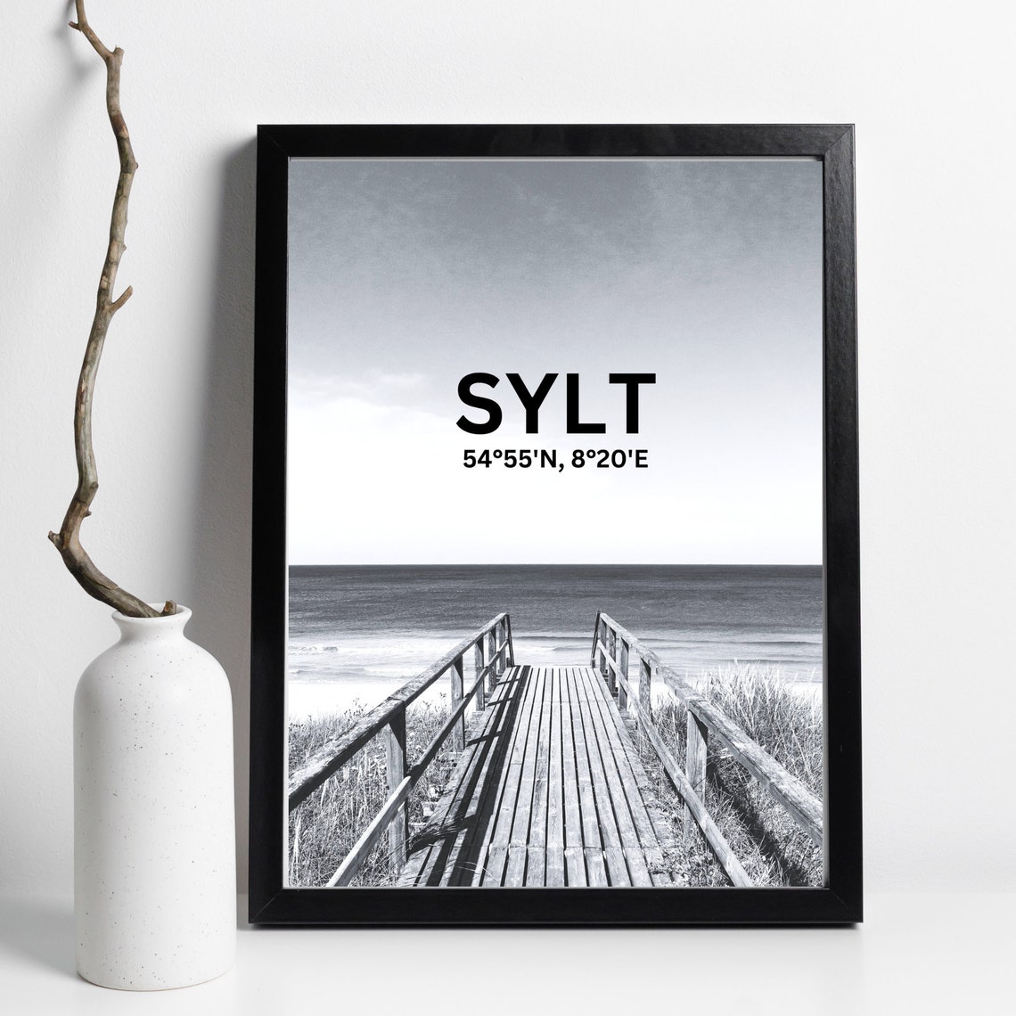 Sylt Germany Beach Boardwalk Black And White Coordinates Travel Poster - Image 3