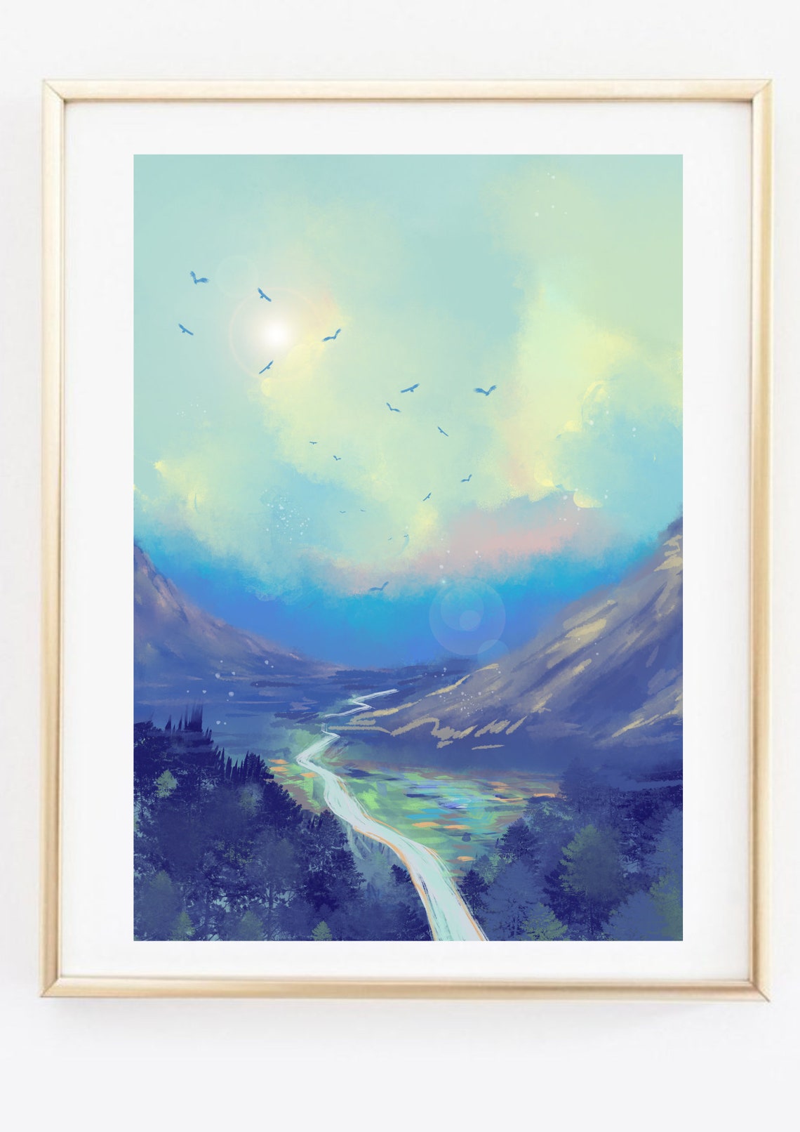 Dreamy Mountain Valley River Pastel Sky Birds Landscape Poster - Image 2