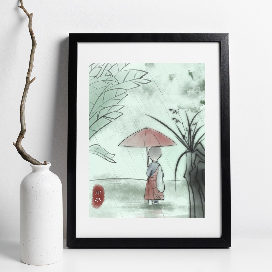 Little Monk With Pink Umbrella In Rain Zen Watercolor Art Poster - Image 2