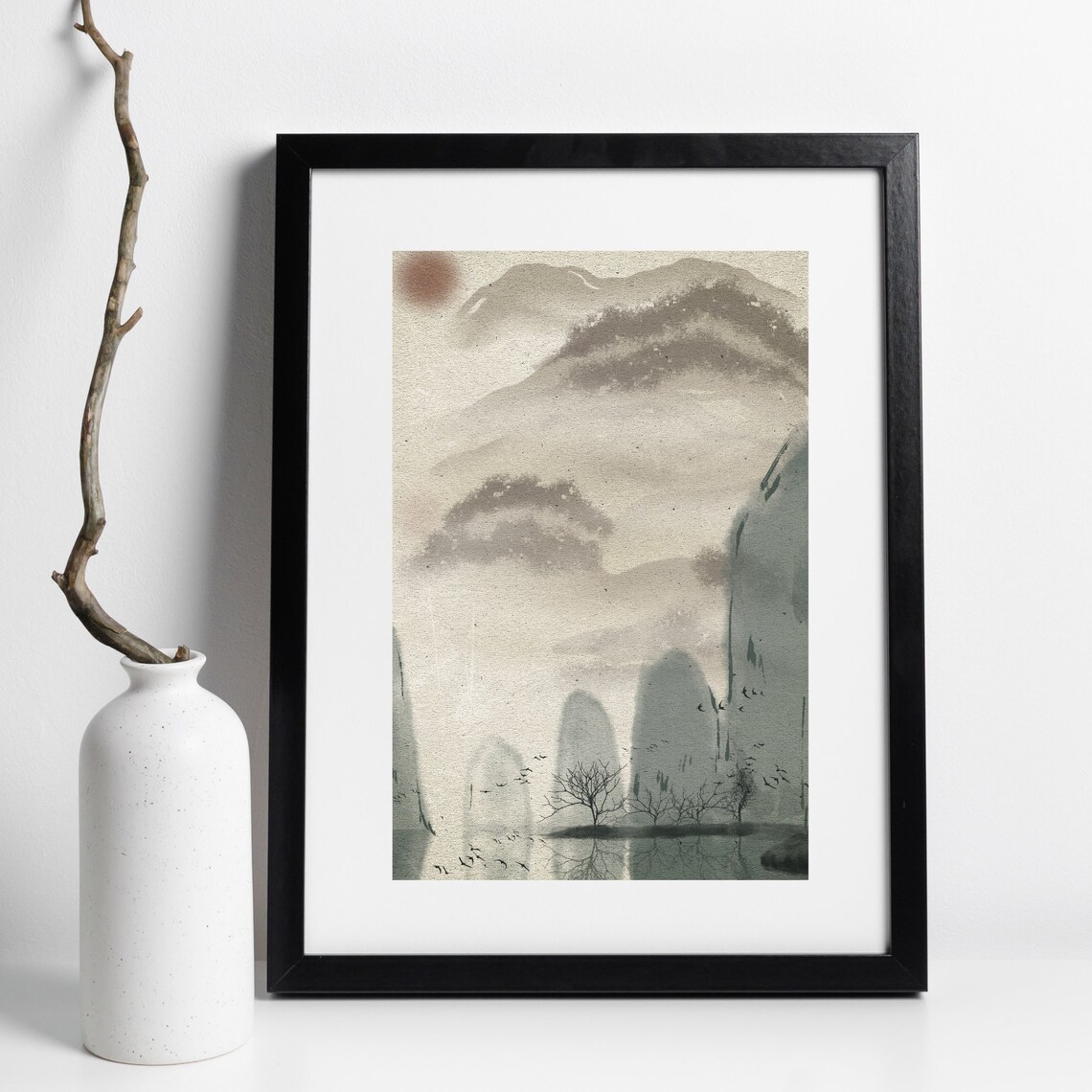 Asian Ink Wash Misty Mountains Lake Trees Zen Landscape Poster - Image 2