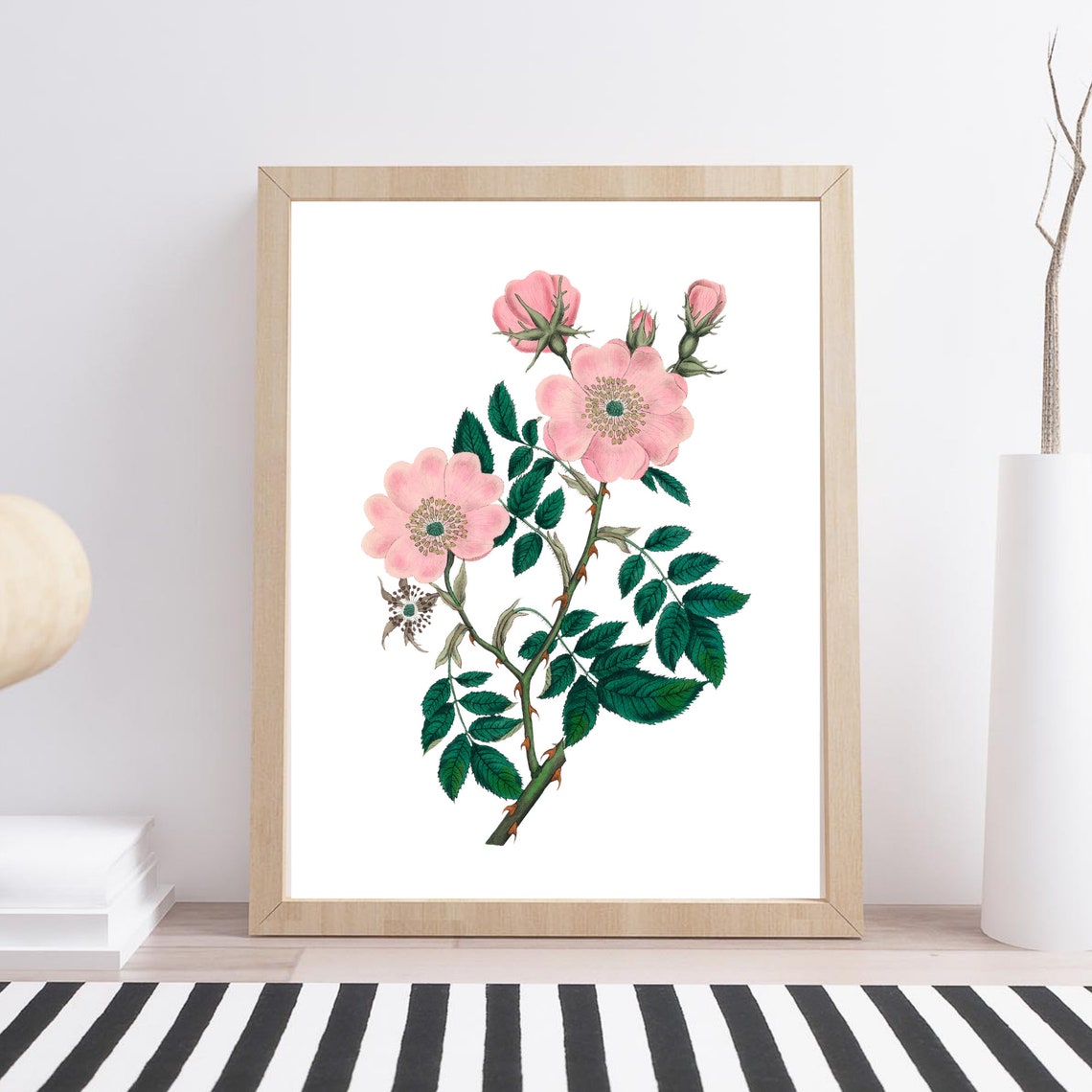 Pink Wild Rose Vintage Botanical Flower Illustration Wall Art - Image 3