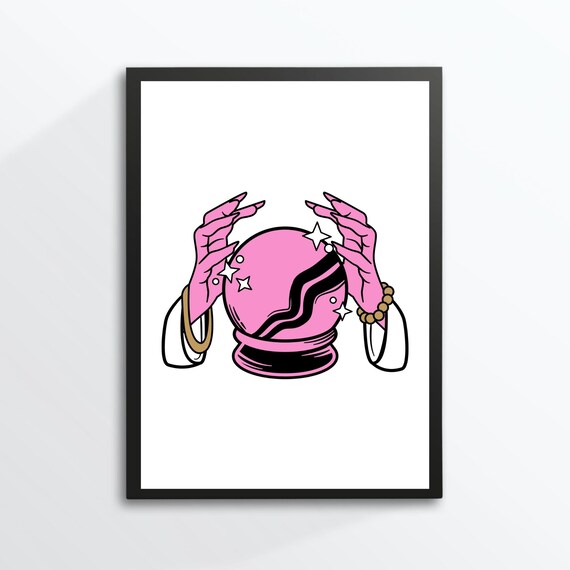 Pink Crystal Ball With Hands Fortune Telling Poster Esoteric Star Art