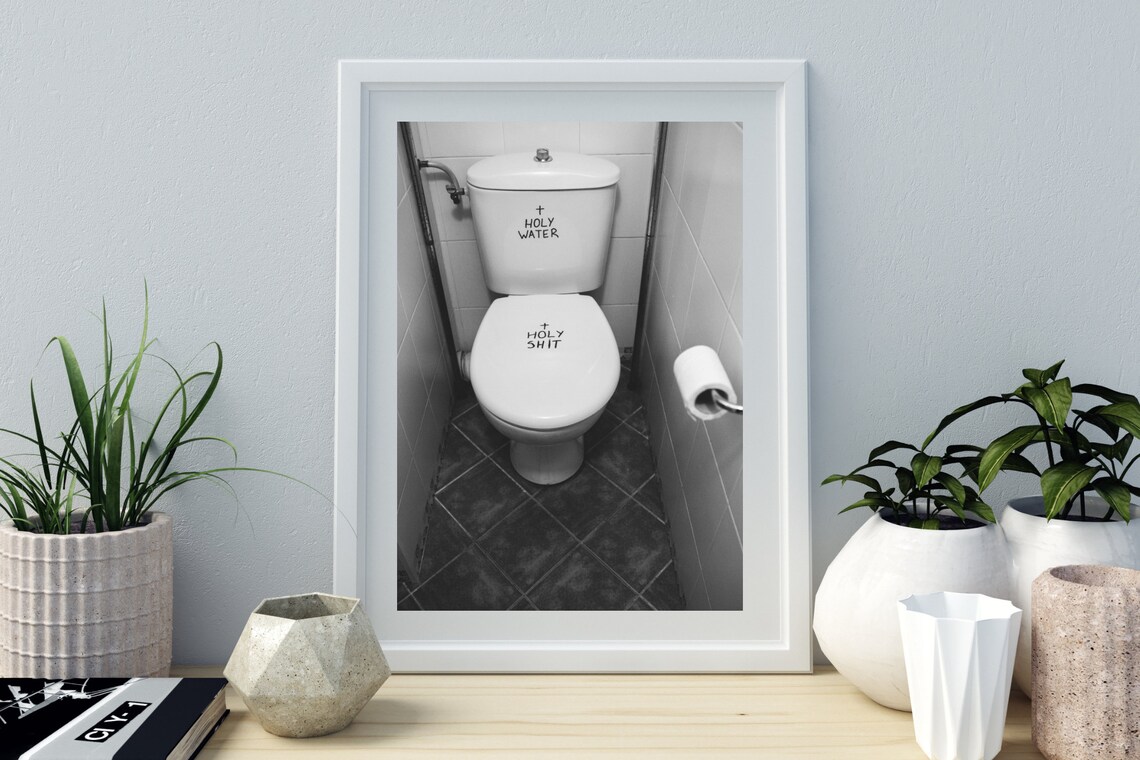 Holy Water Holy Shit Funny Toilet Photo Black White Art Print