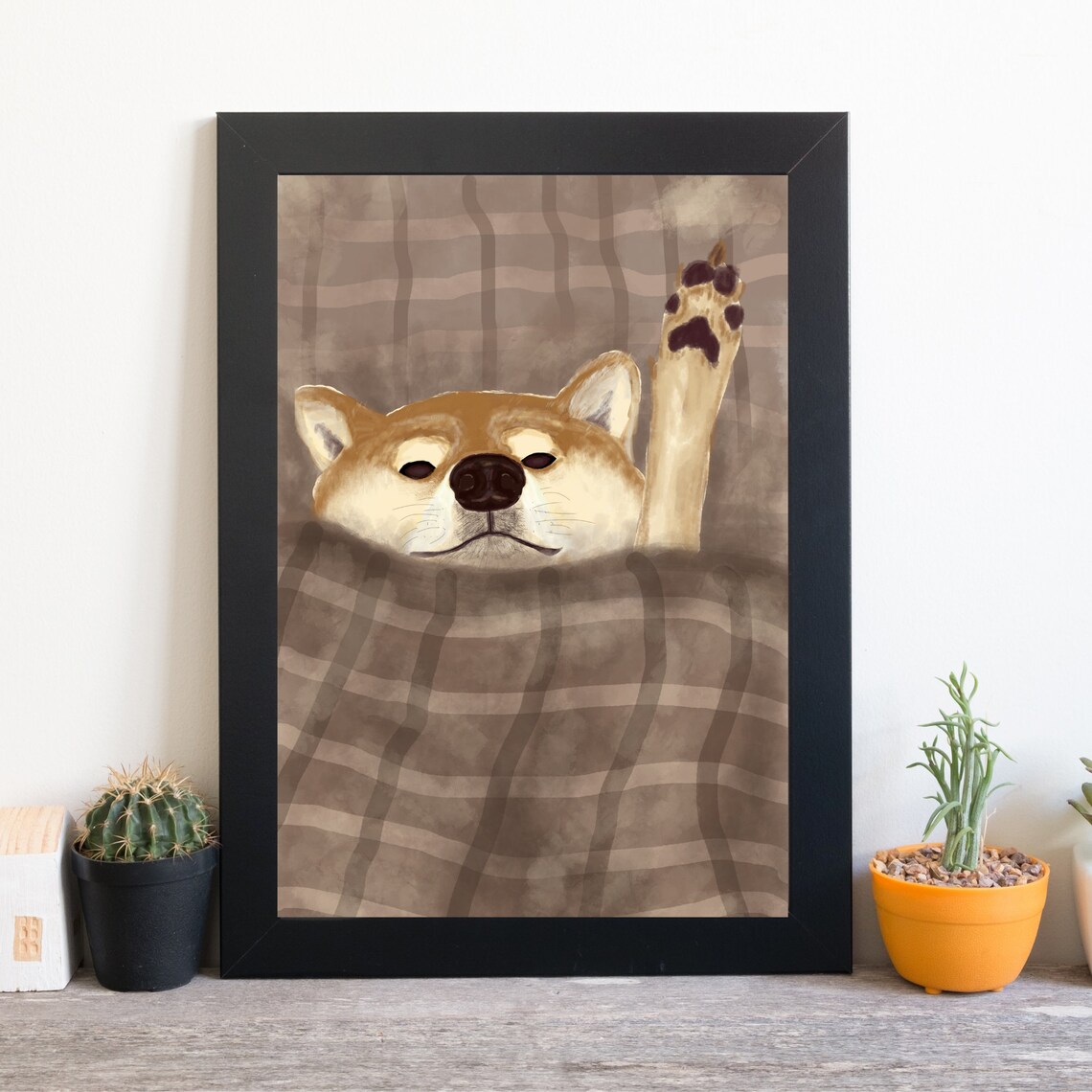 Sleepy Shiba Inu Dog Tucked In Plaid Blanket Paw Up Funny Wall Art - Image 2