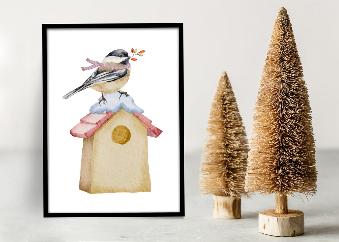 Winter Bird on Snowy Birdhouse Watercolor Christmas Wall Art - Image 2