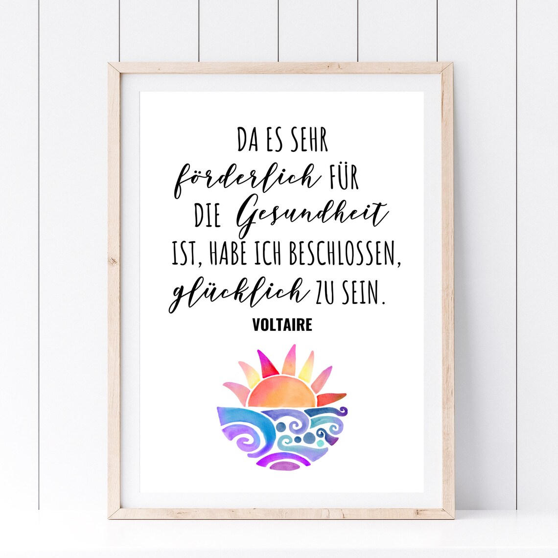 Voltaire Health Happiness Quote Colorful Watercolor Sun Wall Art Print