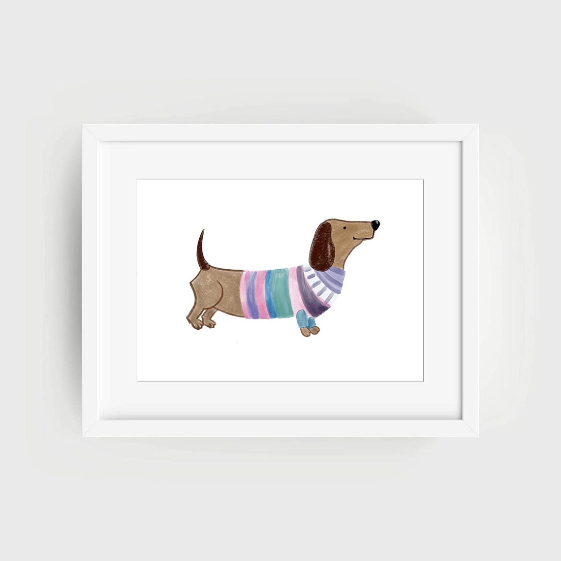 Cute Dachshund Dog in Striped Sweater Watercolor Poster Sausage Dog