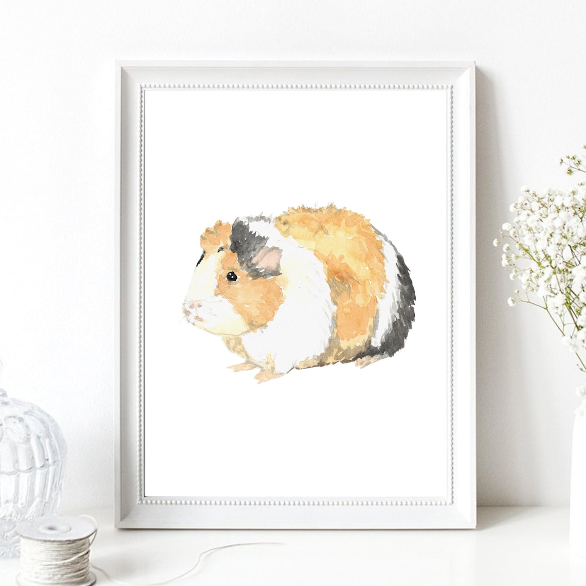 Cute Guinea Pig Watercolor Tricolor Orange White Black Pet Art Print