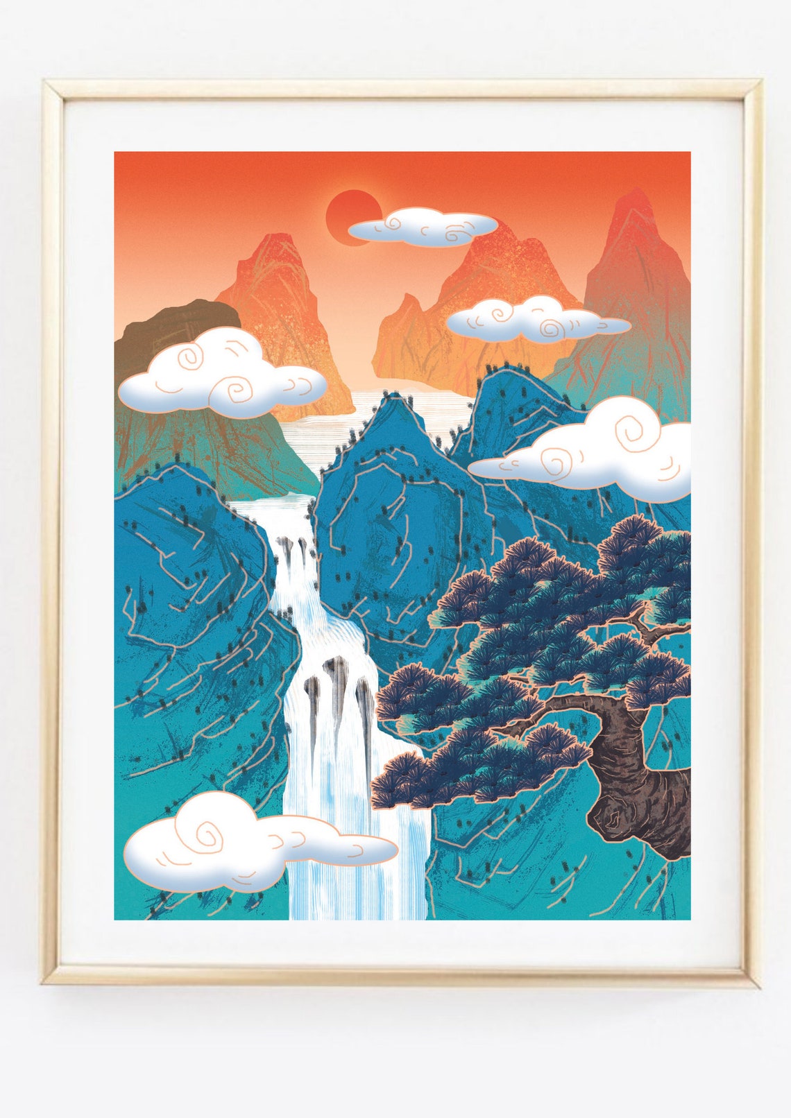 Colorful Asian Waterfall Mountain Sunset Pine Tree Ink Style Poster - Image 3