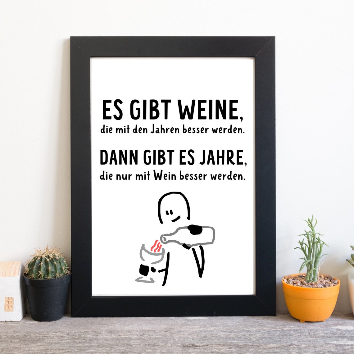 Funny German Wine Quote Print with Doodle Kitchen Wall Art Poster