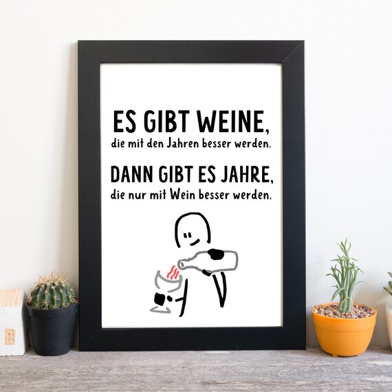 Funny German Wine Quote Print with Doodle Kitchen Wall Art Poster