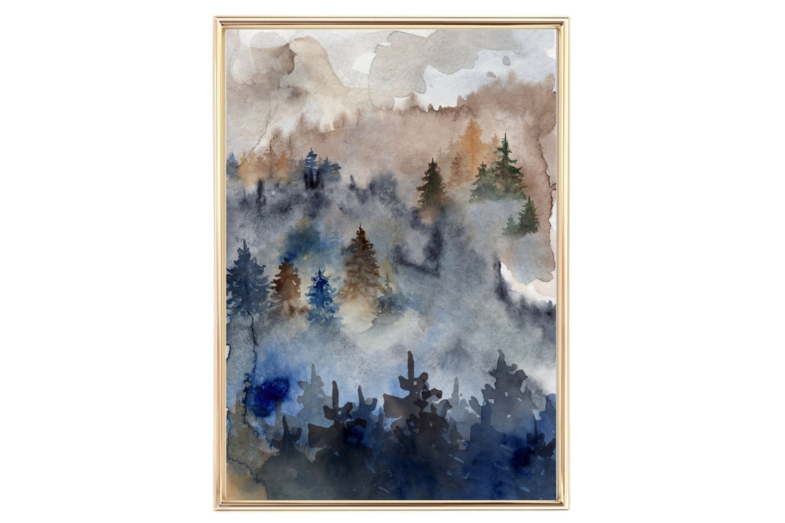 Autumn Fir Forest Watercolor Misty Mountain Fall Landscape Poster - Image 2