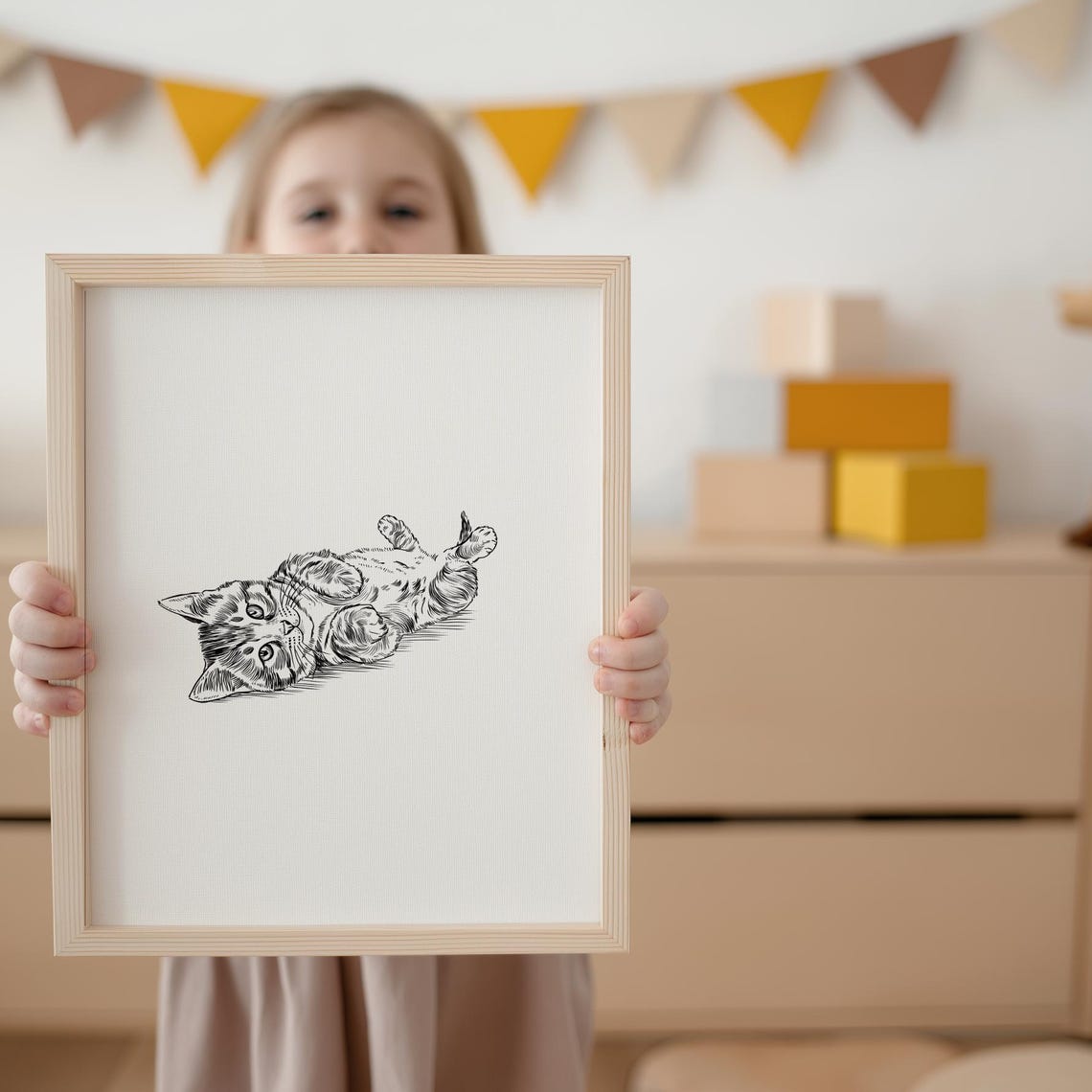 Playful Tabby Kitten Sketch Cute Kids Room Nursery Wall Poster