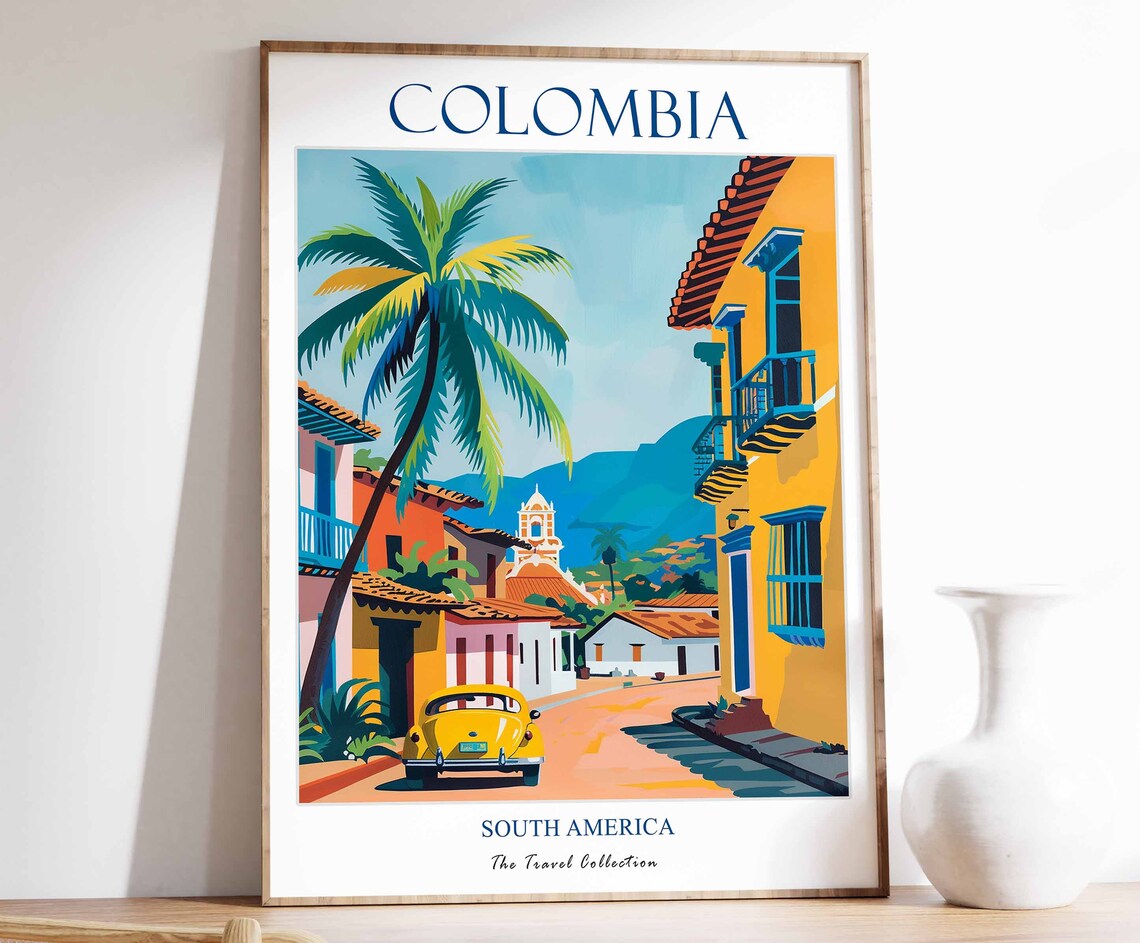 Colombia South America Colonial Street Yellow Car Travel Poster