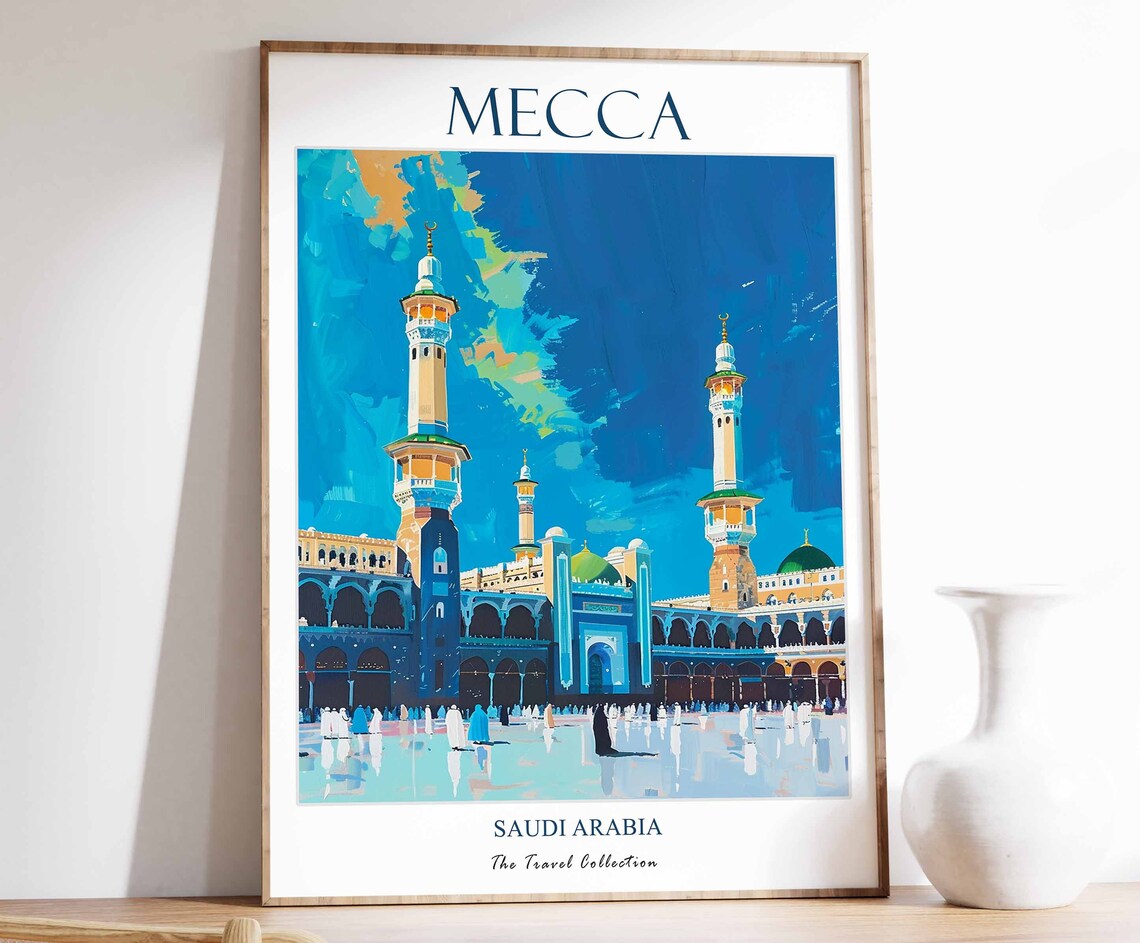 Mecca Saudi Arabia Grand Mosque Minarets Blue Sky Travel Poster