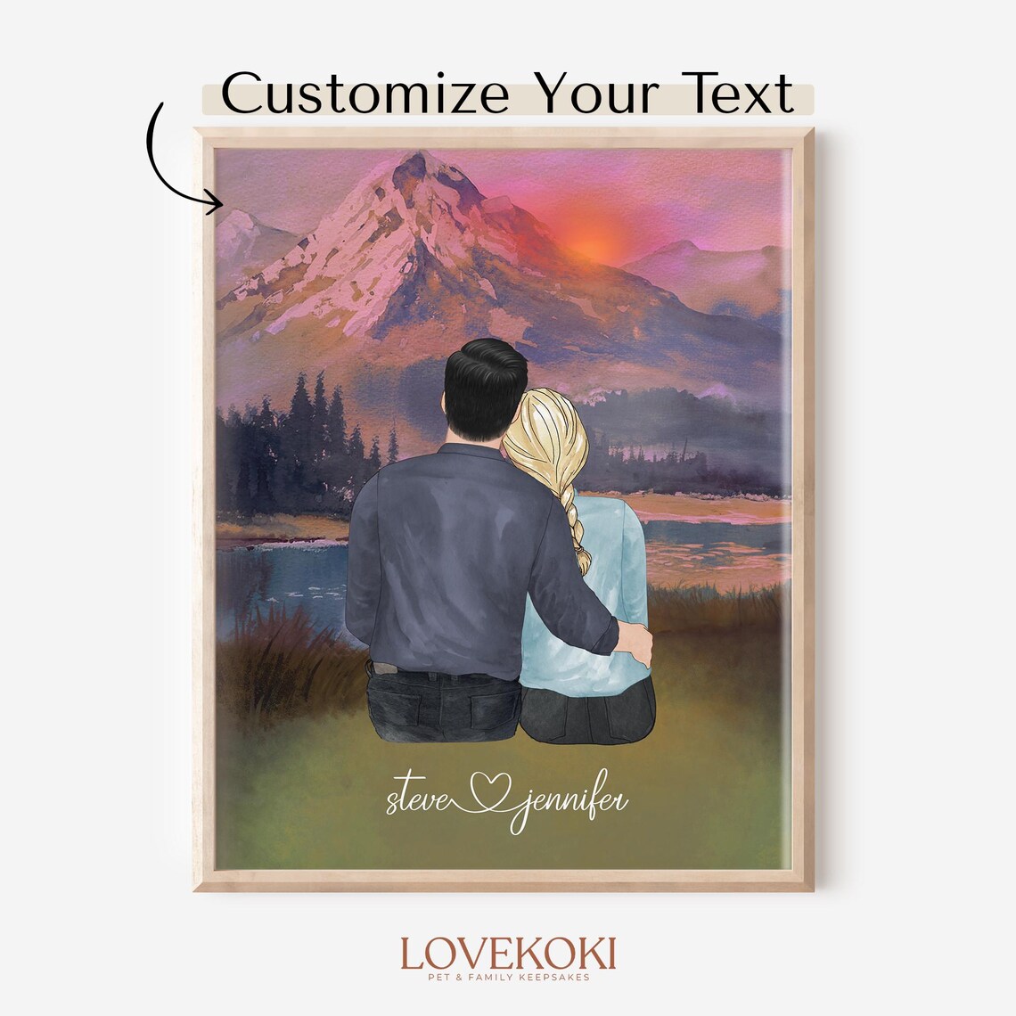 Personalized Couple At Sunset Drawing, Love Gift