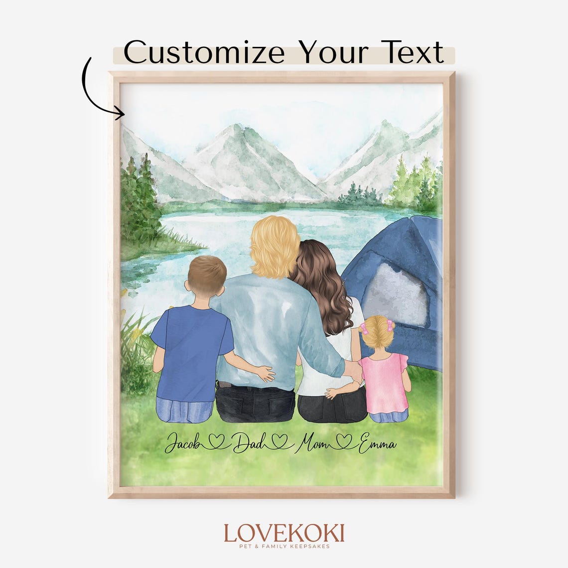Family Camping By The Mountain Lake Custom Portrait Gift Poster