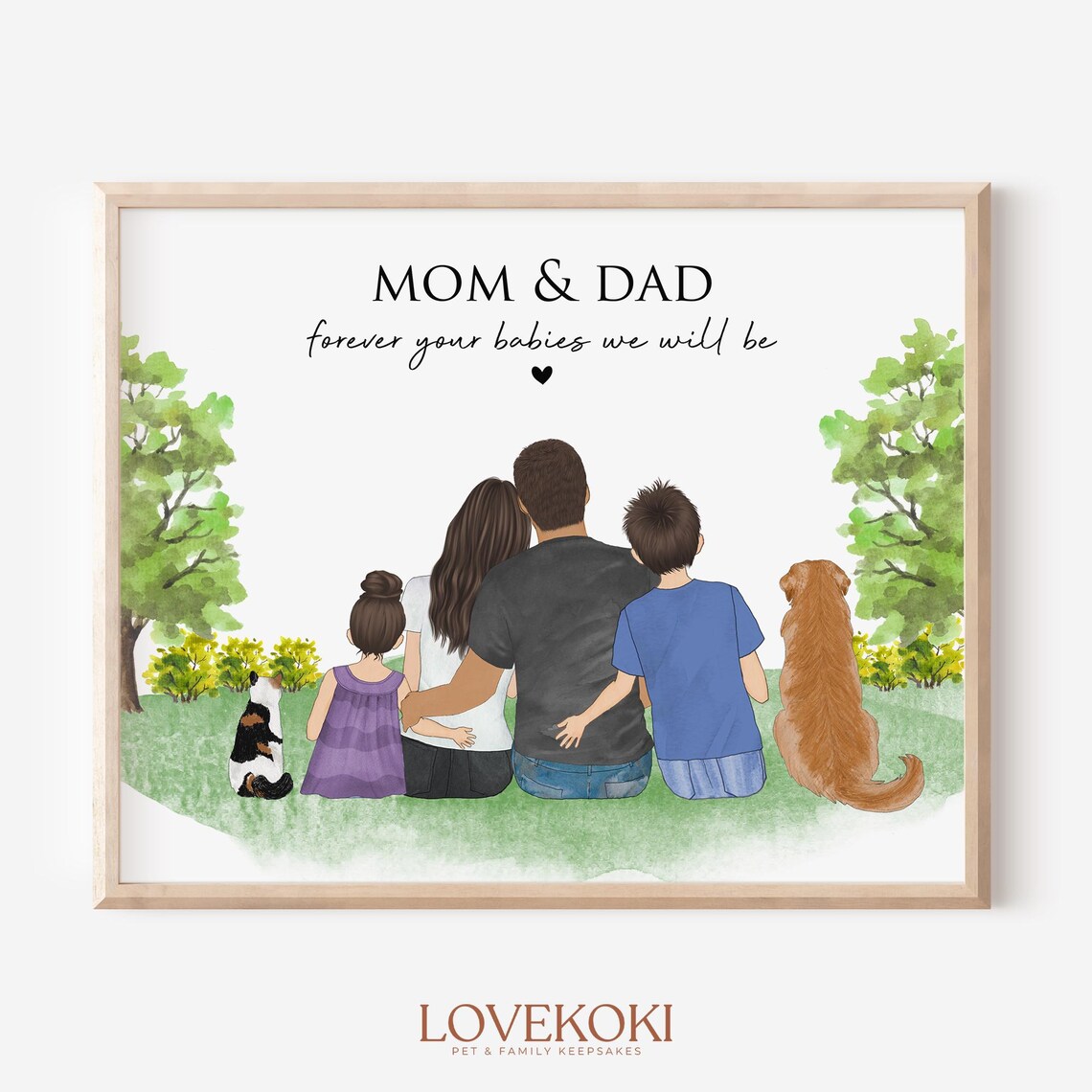 Mom and Dad With Two Kids Cat and Dog Garden Family Portrait Poster