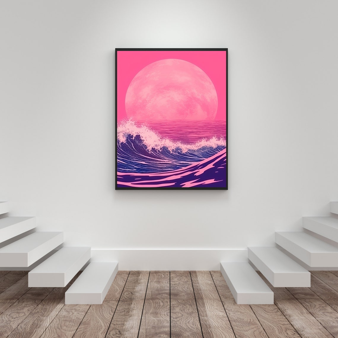Pink Sunset Ocean Giant Sun Purple Waves Retro Digital Art Poster - Image 5