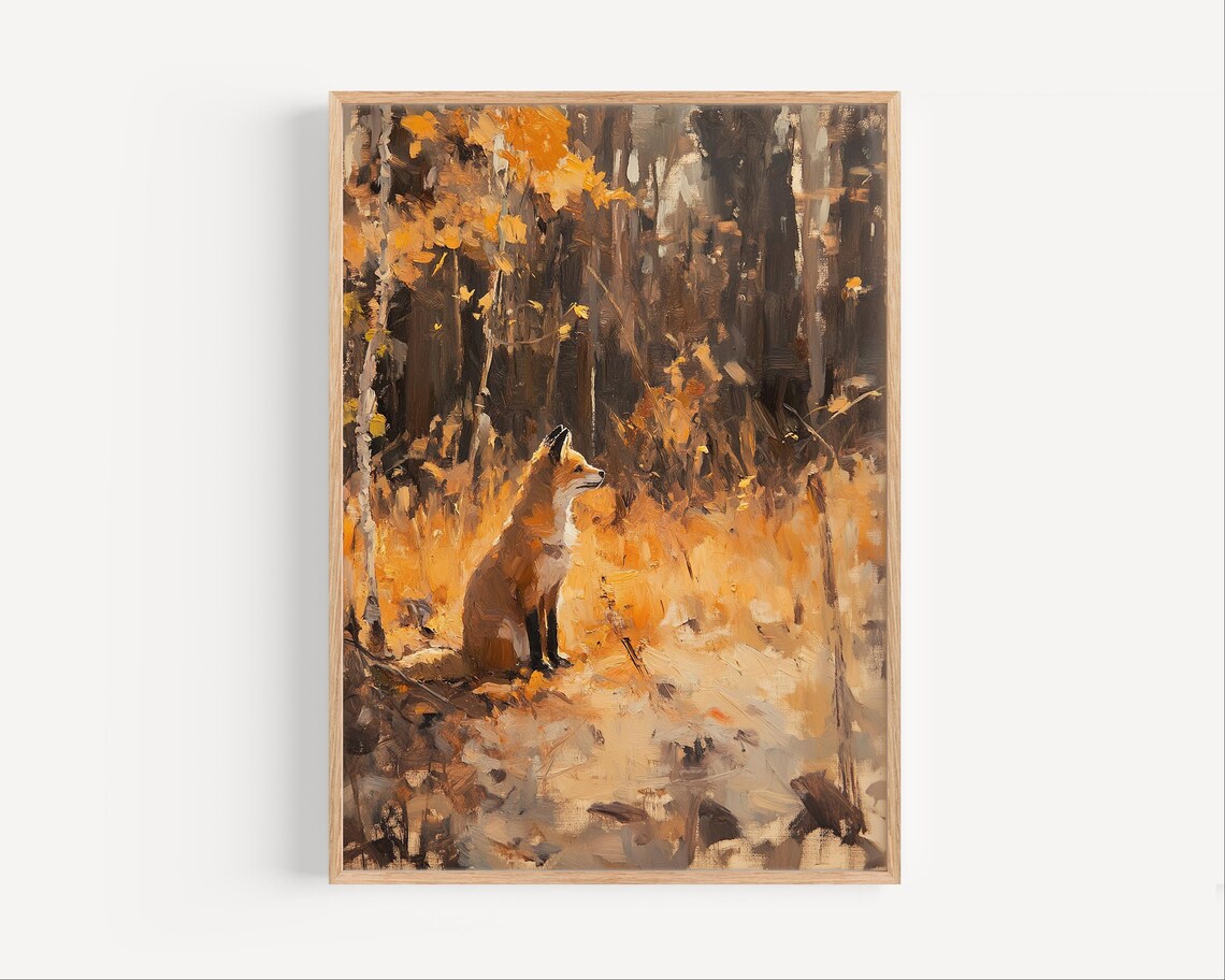Red Fox in Golden Autumn Forest Moody Oil Painting Wildlife Poster - Image 5
