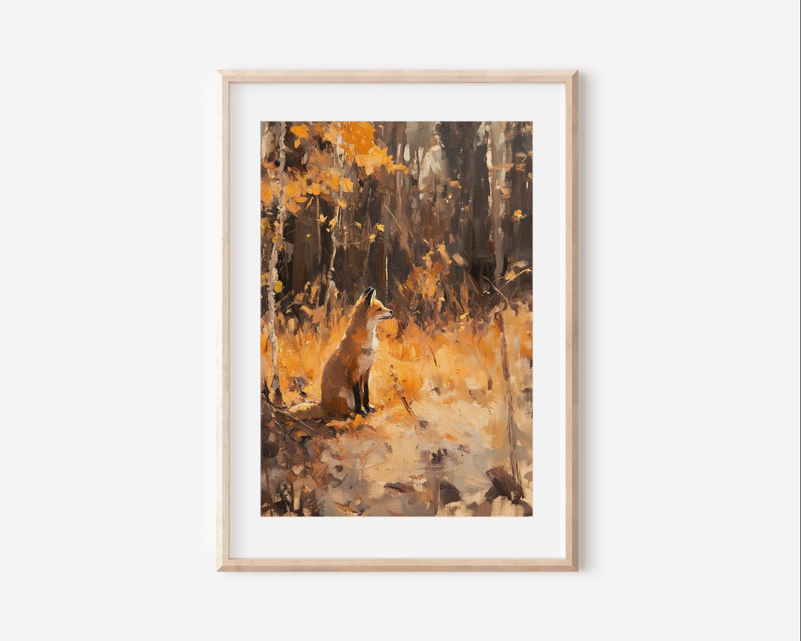 Red Fox in Golden Autumn Forest Moody Oil Painting Wildlife Poster - Image 4