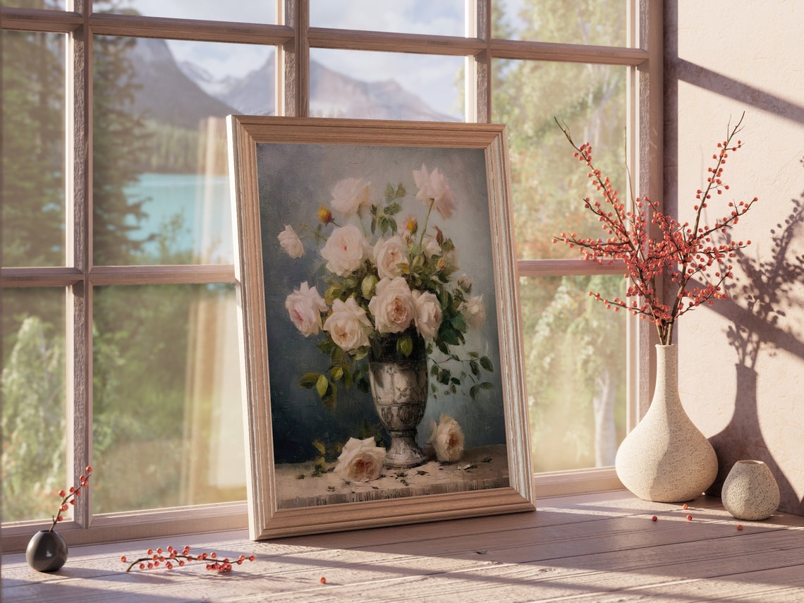 Vintage Flower Print Vintage Oil Painting Rose Painting Floral Still Life Painting Farmhouse Wall Decor - Image 2