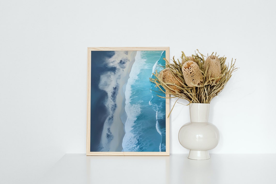 Aerial Ocean Waves Meeting Dark Sandy Shore Coastal Photo Poster - Image 2