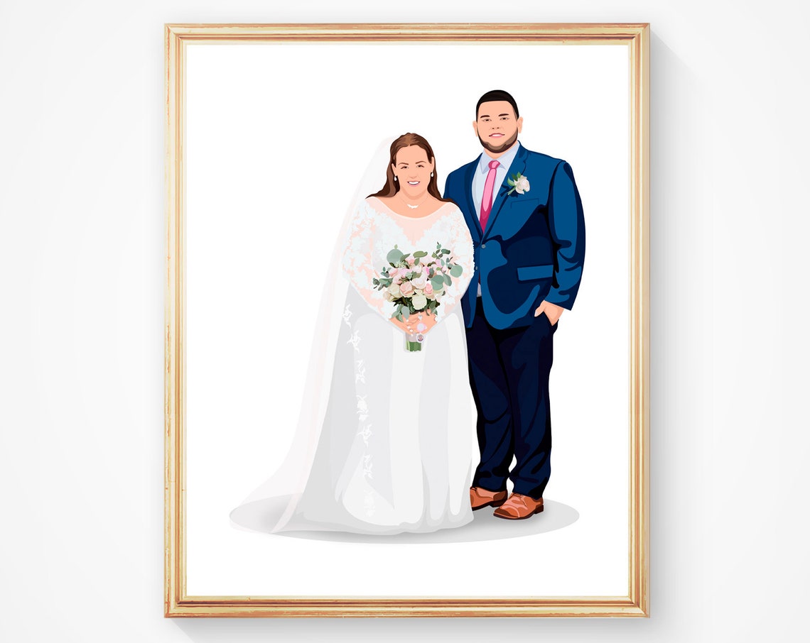 Custom Wedding Couple Illustration Bride Blue Suit Gift Poster