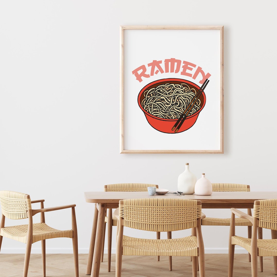 Red Ramen Bowl Retro Script Typography Japanese Kitchen Wall Poster