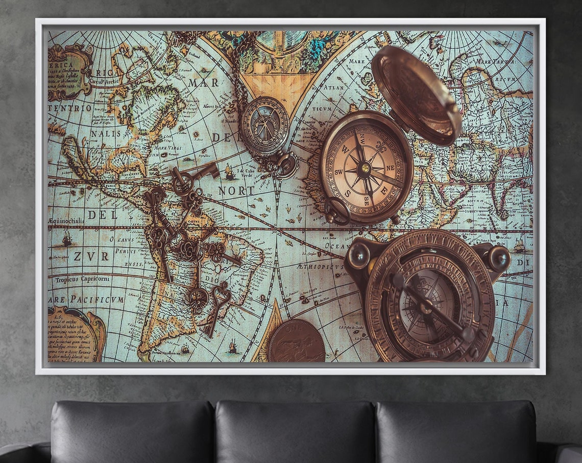Old World Map With Brass Compass Antique Nautical Chart Poster
