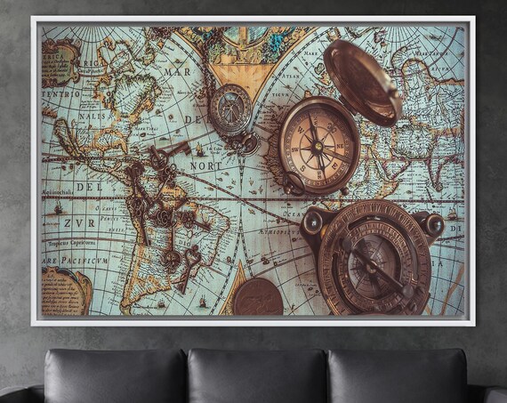 Compass Art Canvas Vintage Map World Brass Pocket Wall Decor Antique