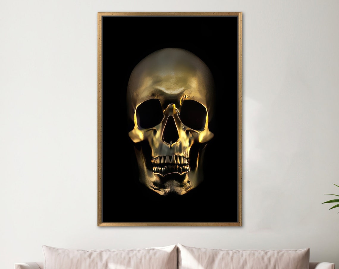 Golden Skull Black Background Gothic Luxury Skeleton Art Poster