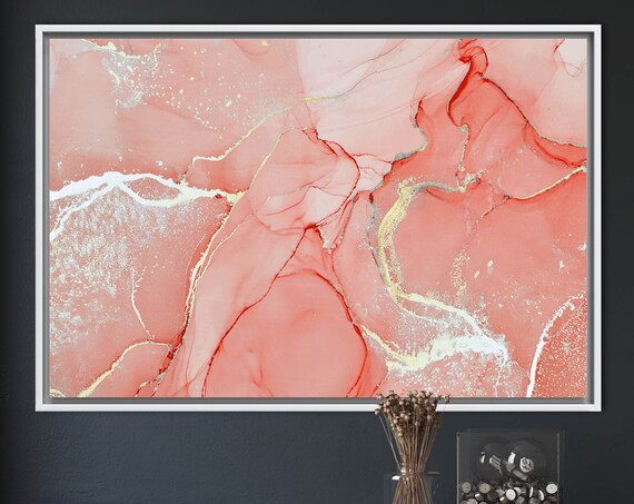 Coral Pink Abstract Marble Art With Gold Accents Modern Fluid Canvas Print