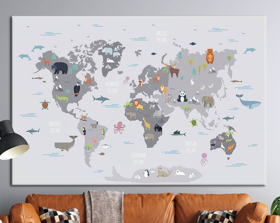 Kids World Map With Cute Animals Educational Nursery Art Poster