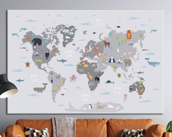 Kids World Map With Cute Animals Educational Nursery Art Poster