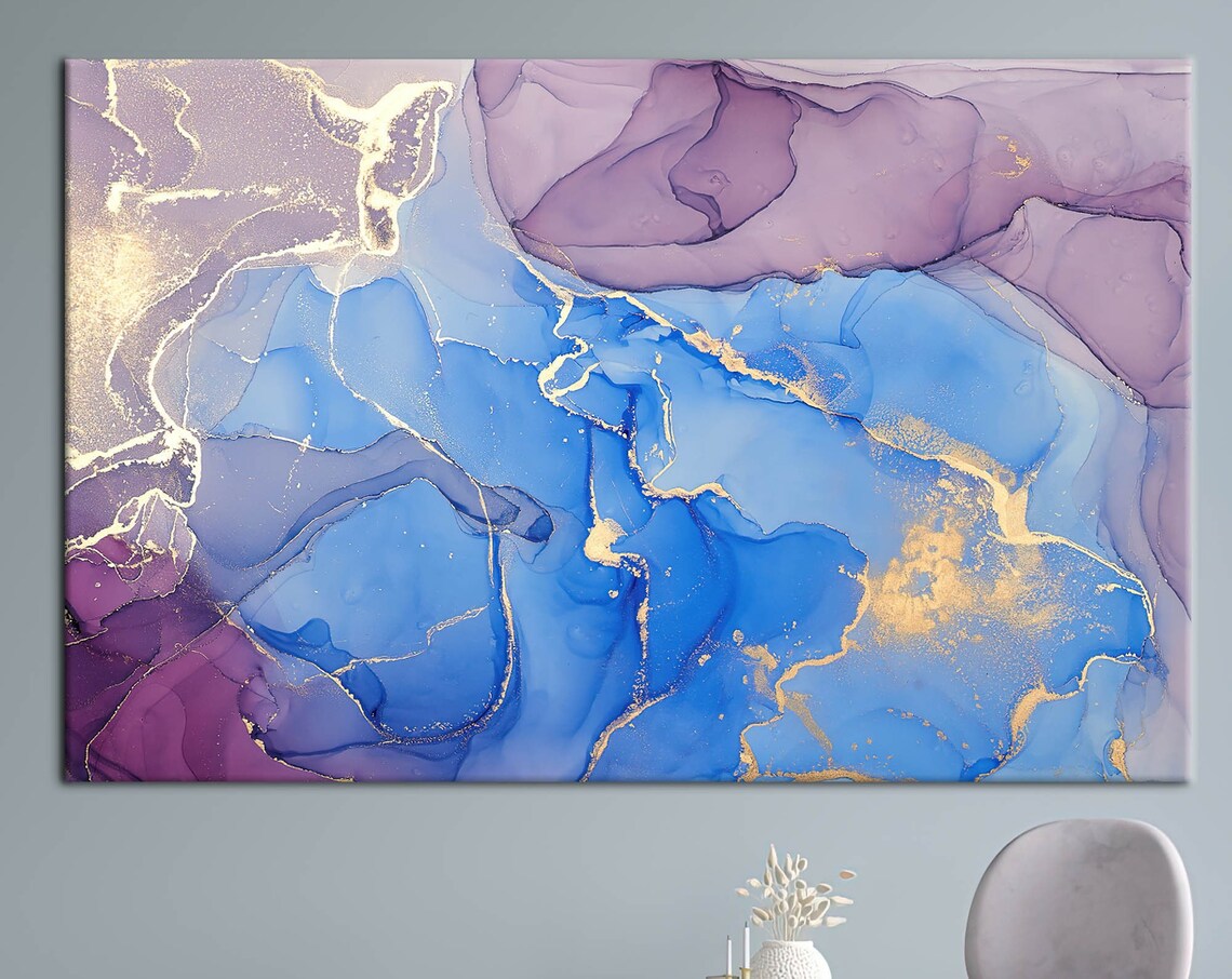 Purple And Blue Marble Alcohol Ink With Gold Veins Abstract Poster