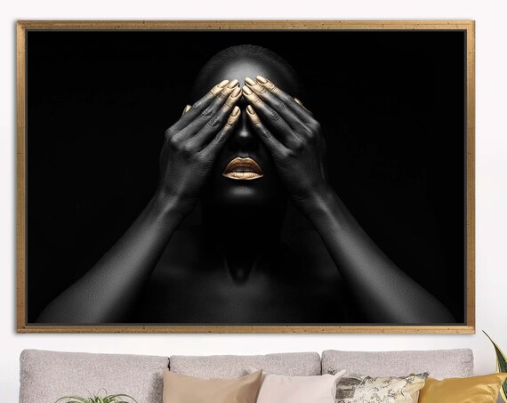 Black and Gold Woman Portrait With Hands Over Eyes Art Poster