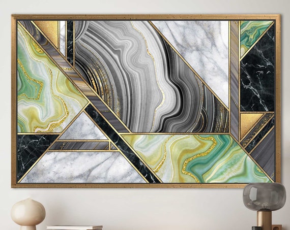 Grey Wall Decor Shimmery Canvas Modern Poster Contemporary Artwork Marble Art Abstract Alcohol Ink Green Printed