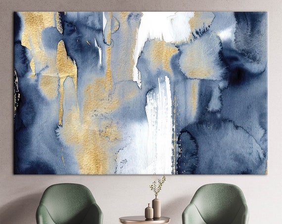 Blue And Gold Painting Artwork Navy Modern Abstract Contempporary Wall Art Trendy