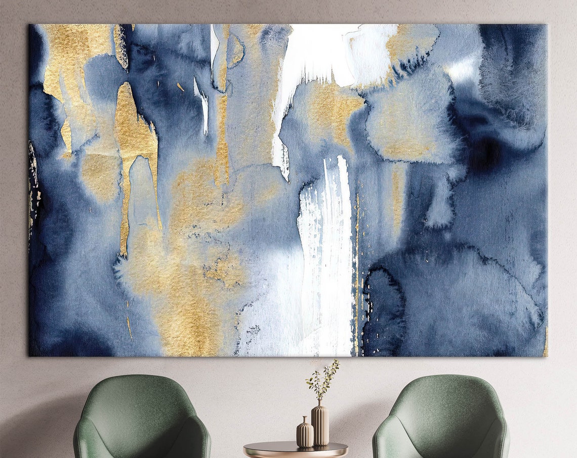 Blue And Gold Watercolor Abstract Modern Artistic Wall Poster