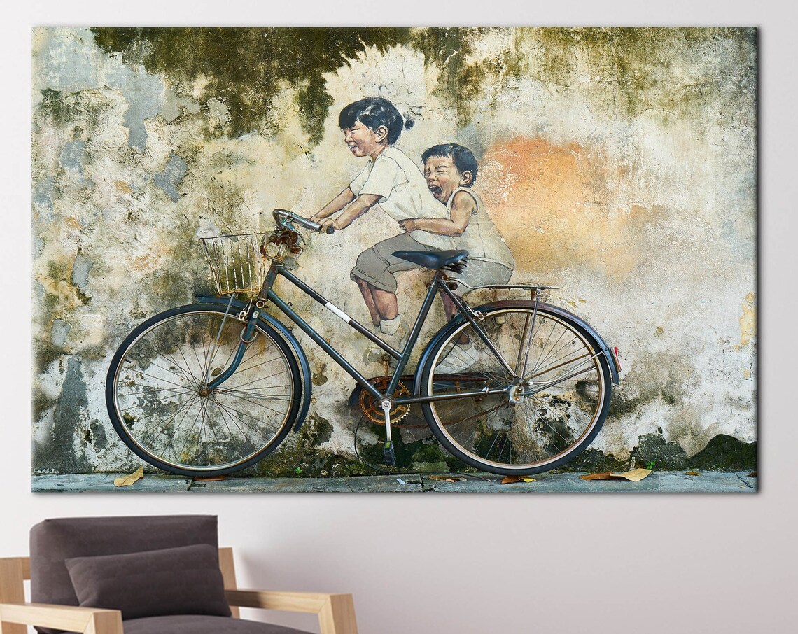 Penang Malaysia Children on Bike, Modern Abstract Graffiti Poster