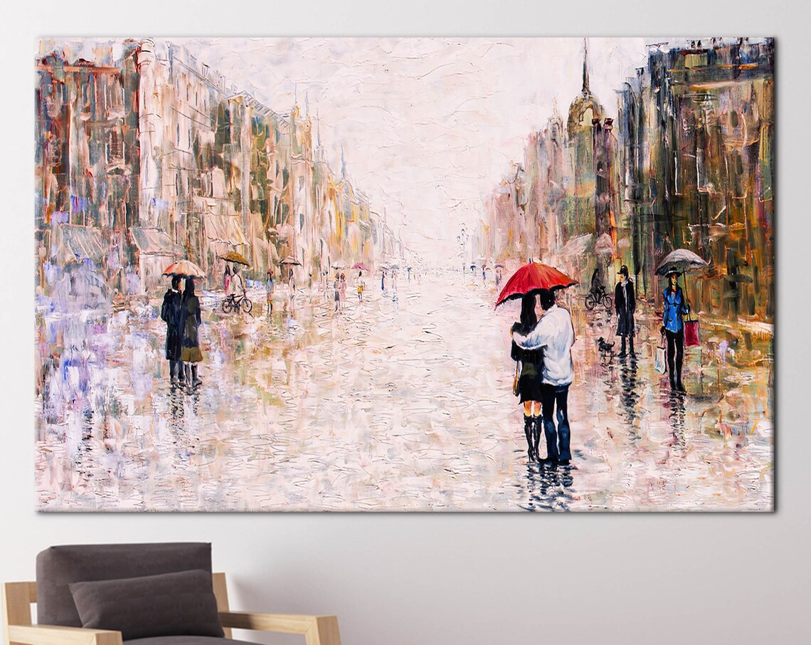 Couple With Red Umbrella Landscape Art Print