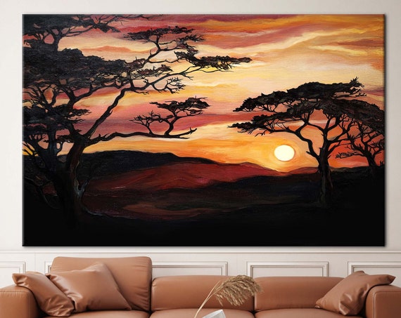 Savannah Tree Painting Landscape Canvas Nature View Artwork Wall Decor African Sunset Art