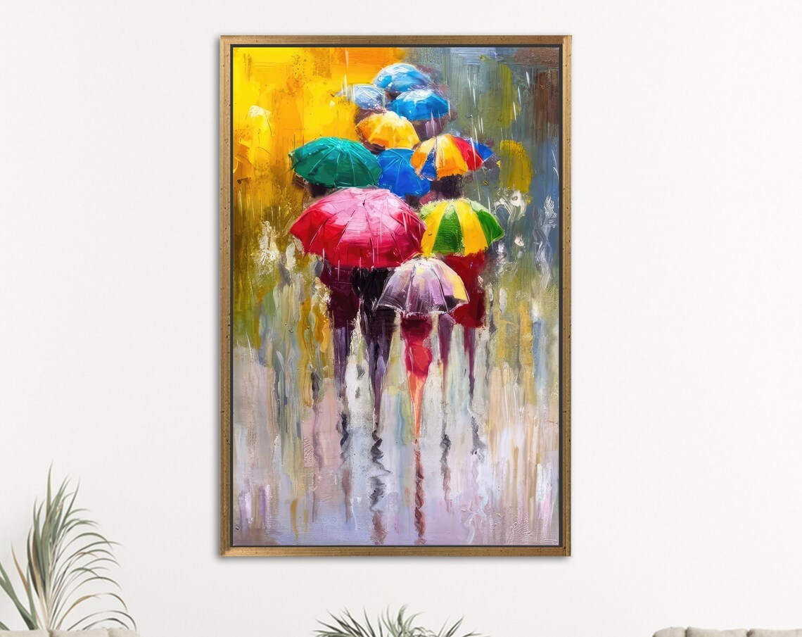 Colorful Umbrellas in the Rain Walking People Impressionist Rainy Day Poster