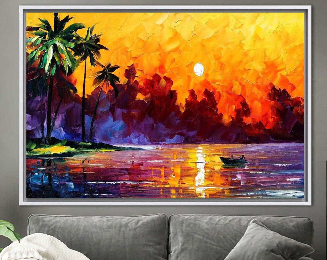 Tropical Beach Sunset With Palm Trees Moon Oil Painting Poster